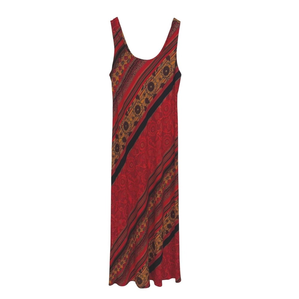 Jessica Howard Vtg Y2K Boho Red Paisley Floral Stripe Rayon Maxi Dress 12 USA